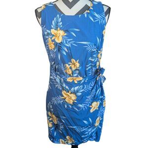 Two Palms Made in Hawaii Blue Floral Faux Wrap Dress M Rayon Hibiscus